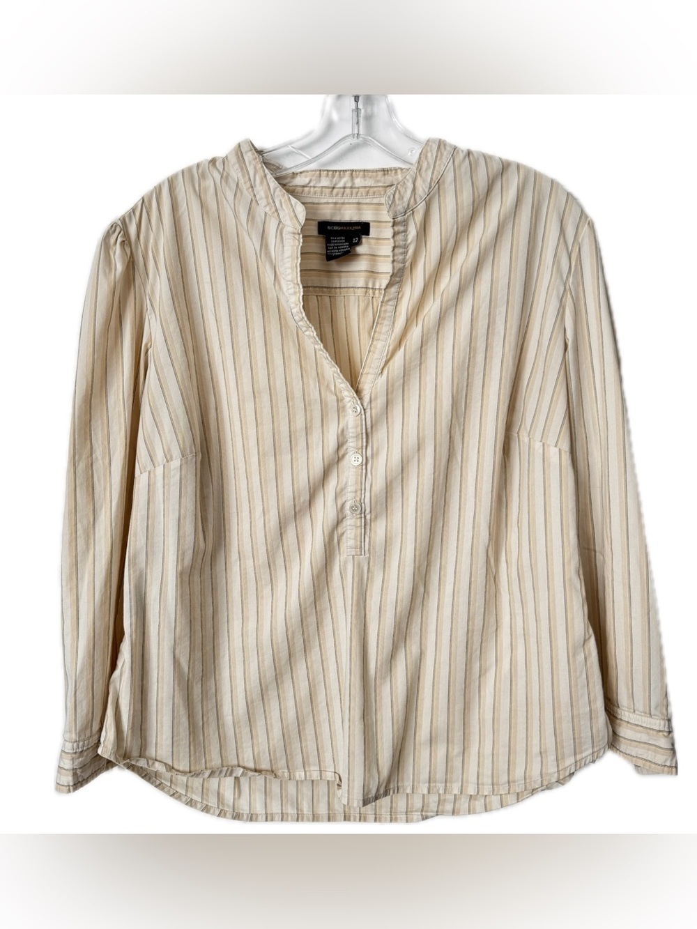 BCBG Max Azria Striped Cotton Popover Blouse Size 12 Neutral Button Top